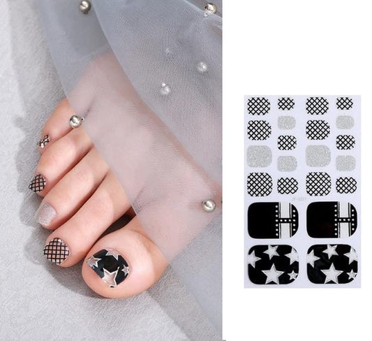 Black Silver Glitter with See-Through Stars Chain Fence with Rhinestone Inspired Look for Your Toes These Very Cute Toe Nail Wraps are Sure to Get You Noticed.
