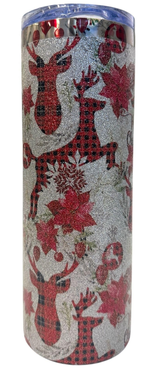Sparkling Reindeer Christmas Tumbler 20 oz with Metal Straw – Silver Glitter Holiday Travel Cup – Handmade Gift/Gobelet de Noël Brillant 20 oz avec Paille Métallique