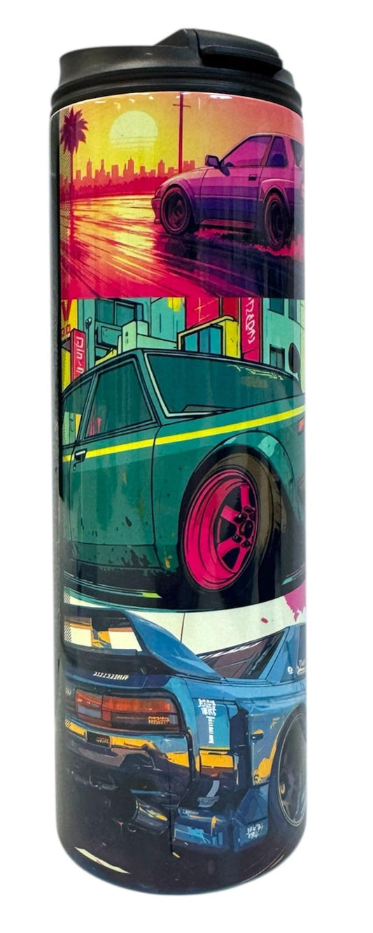 20oz Isothermic Car Enthusiast Tumbler with Double-Sip Lid – JDM Street Racing Art, Neon Drift Cars, Highway Road Design Handmade Sublimation/Gobelet Isothermique 20oz Voiture Drift Artisanal