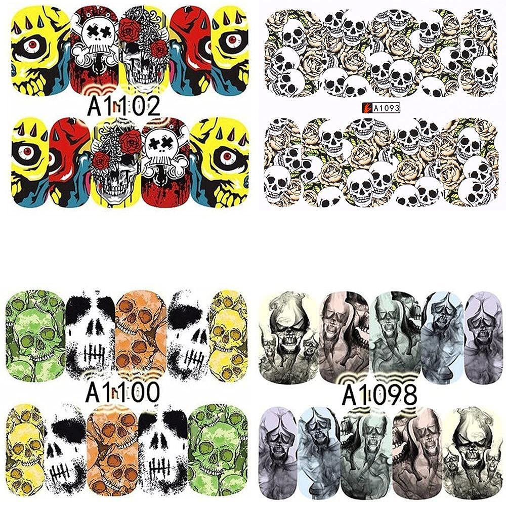 4 Full Sheet Skull of Assorted Water Nail Decal Punk Gothic Rockabilly Skull Nail Wrap Decals Sticker Salon Quality Nail Art - Great for Halloween!