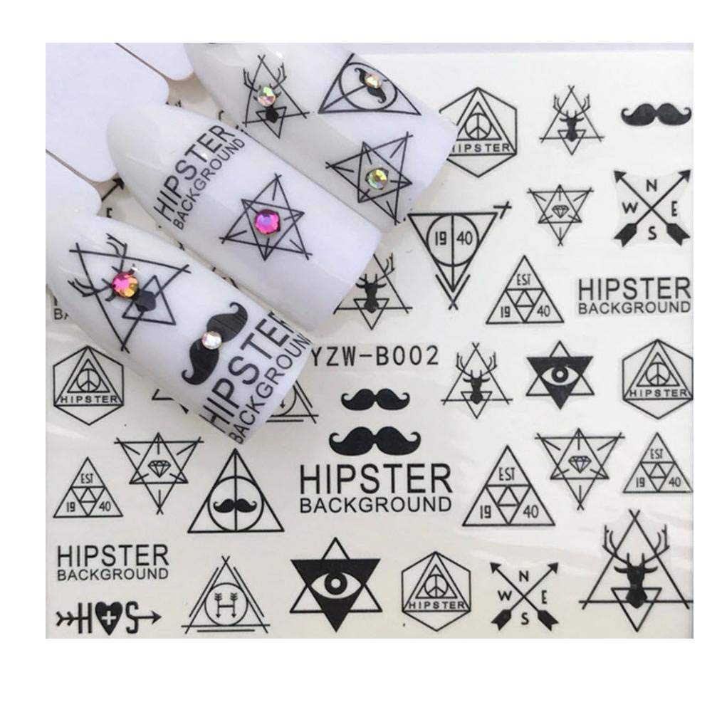 Full Sheet Black Minimalistic Indie Insperational Mustach Hippster Nail Sticker Arrow - Love - Salon Quality Nail Art Nail Wrap Nail Decals - 1 Sheet