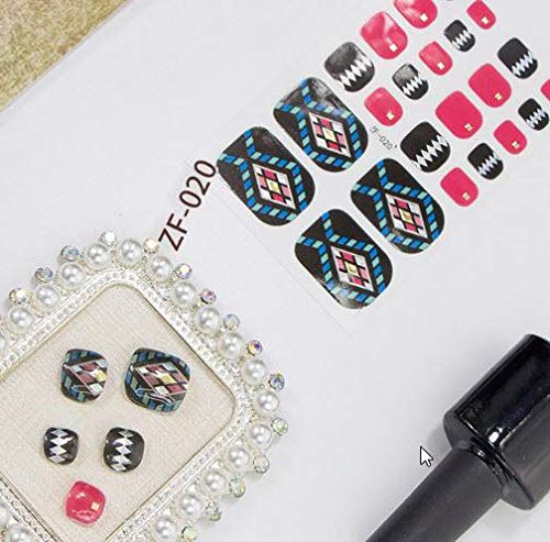 Full sheet of 24 toenail wraps, Colorful patterns, blue, black, hot pink and silver zig zag. Mosaic patten on the larger wraps. Great for Summer!