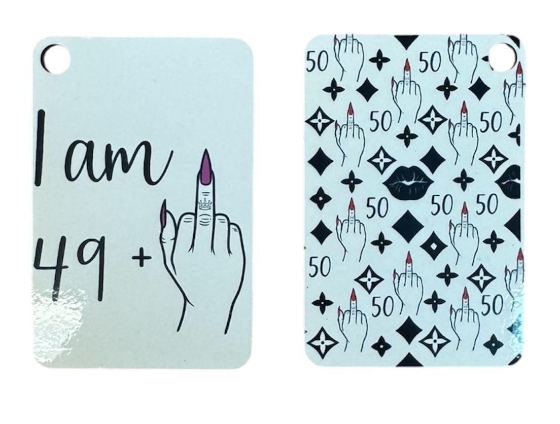 Handmade 15oz White Ceramic Mug β Funny βI AM 49 + Middle Finger = 50β with Pink Nails β Includes Matching Coaster & Keychain β Gag Birthday Gift for Women