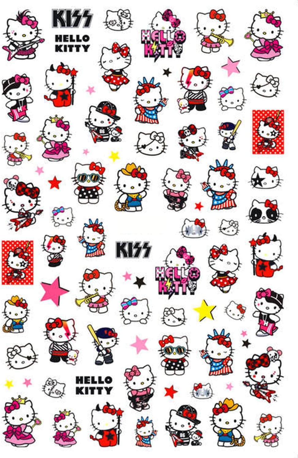 Kitty Rock Star Cowgirl Nail Stickers - Kawaii Cartoon Cat Polka dot Bow Star Decals for Nail Art Pink Red Black Lifestyle Poses Teen Spirit