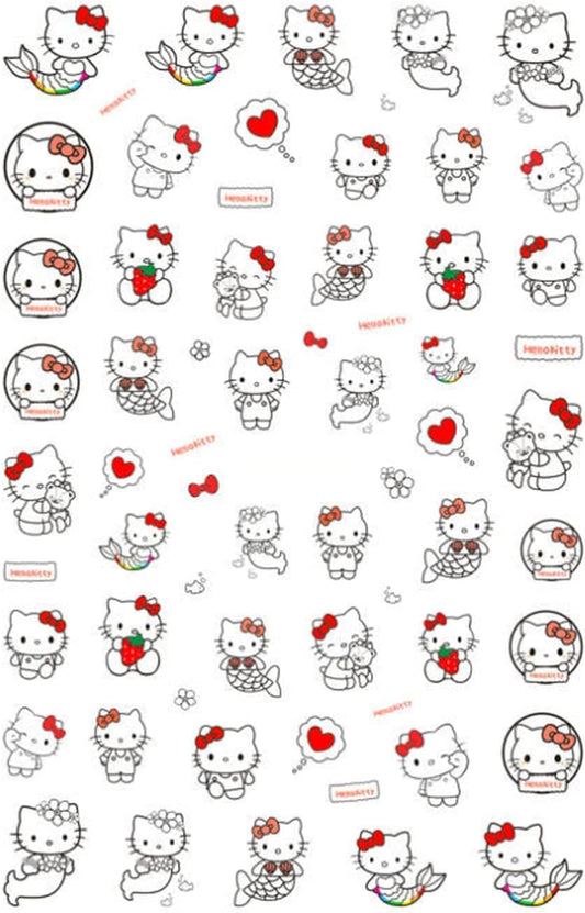 Nail Sticker Kitty Mermaid Sea Inspired Cartoon Hello Cat Nail Stickers - Kawaii Red Heart Stickers Bow Cat Decals for Adorable Nail Art