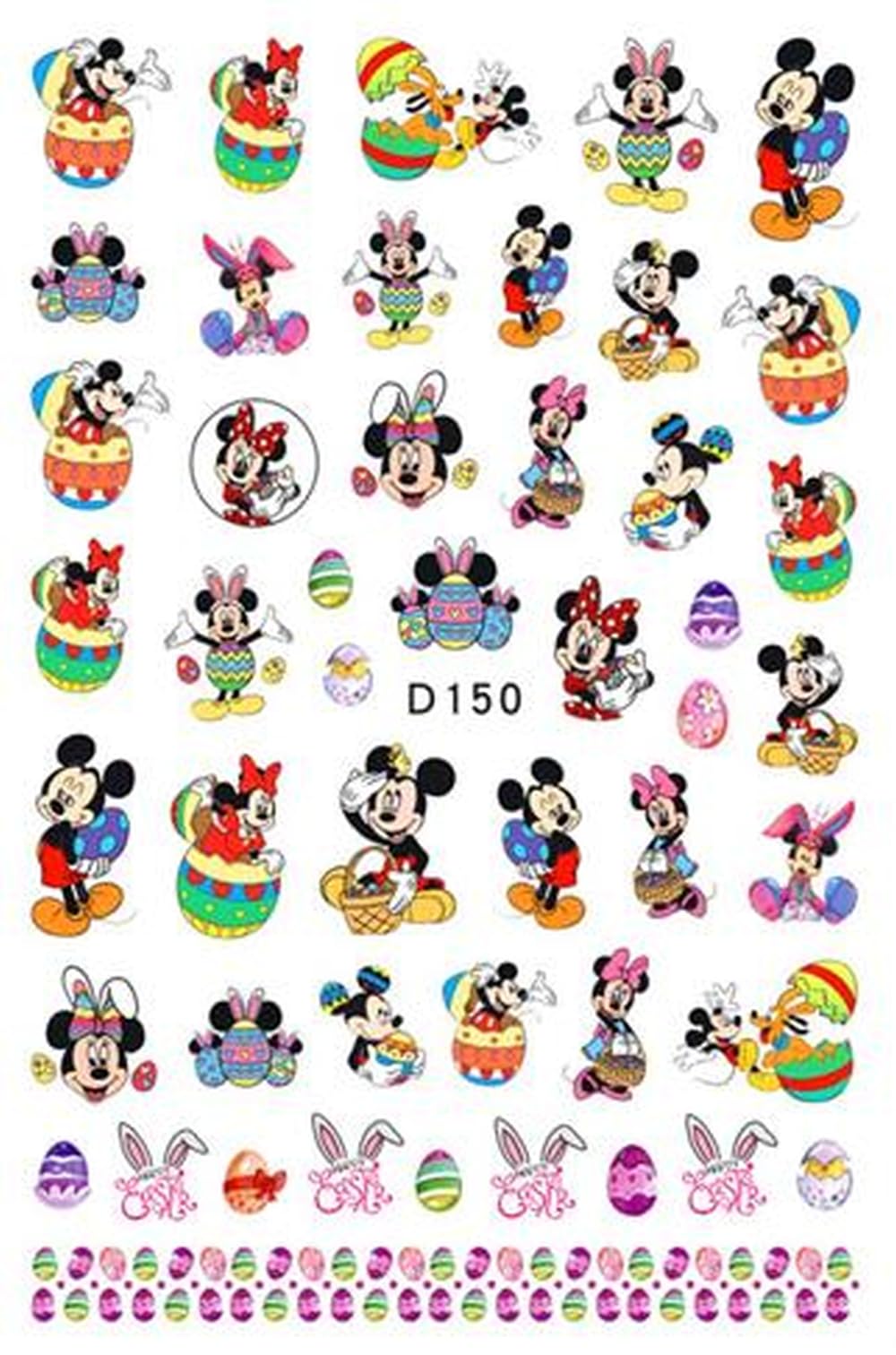 Minnie Bright Playful Easter Mickey Nail Stickers Featuring Bunny Ears, Colorful Eggs, bunnies - Nail Art craft Projects Festive Wonderland