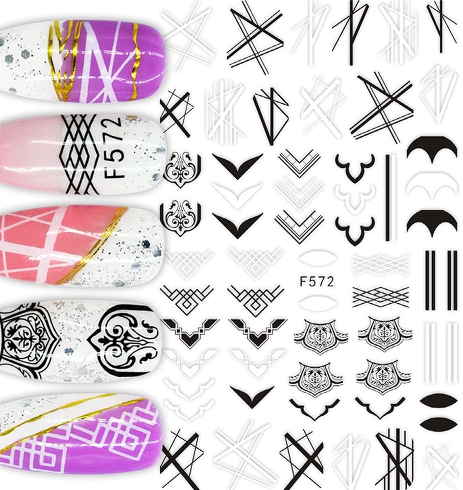Black and White Geometric Nail Stickers – Modern Minimalist Line Art Nail Decals Fingernail Stickers | Autocollants Géométriques Noir Blanc