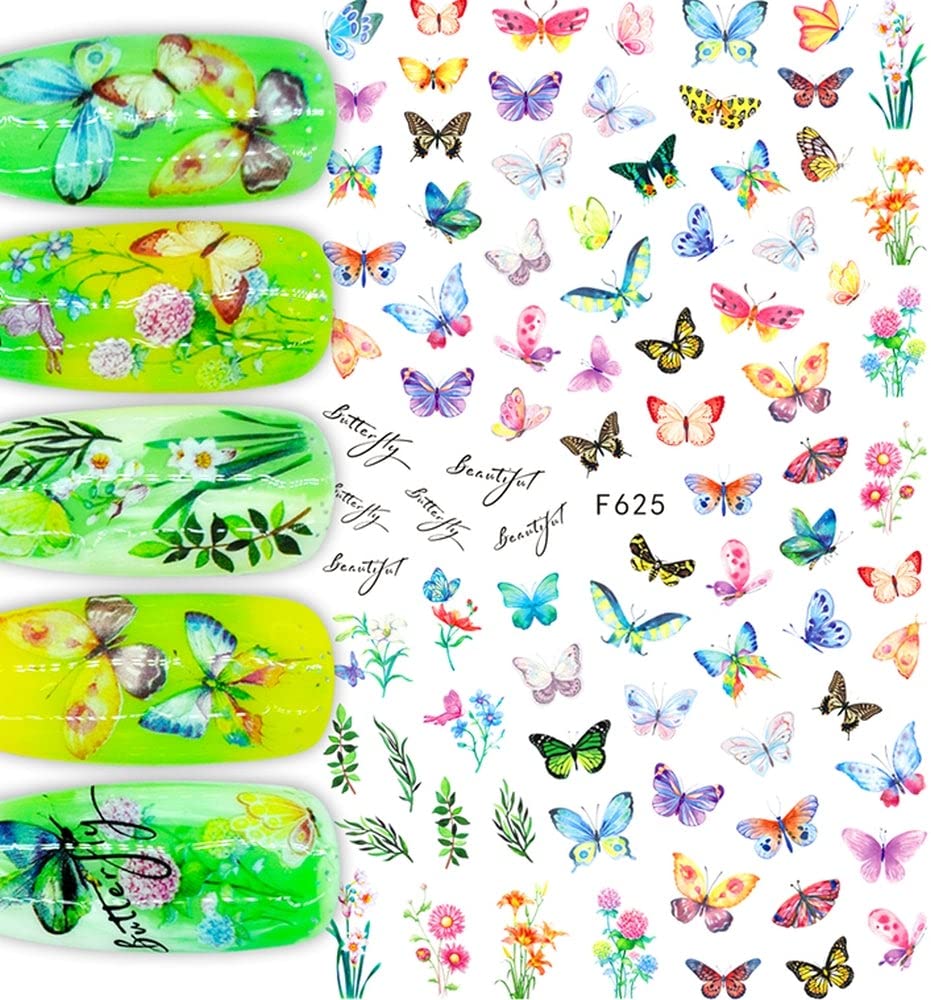 Colorful Butterfly Nail Art Stickers – Vibrant Floral Spring Summer Decals for Fingernails, Self Adhesive Manicure Designs , Pink, Green