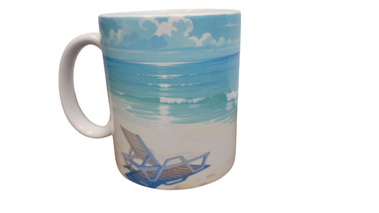 12oz Mug The Beach is My Happy Place with Beach Scene & Matching Wooden Coaster