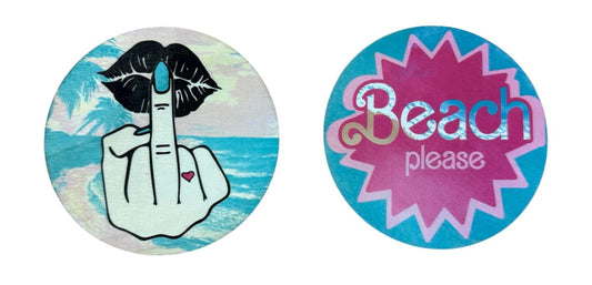 Beach Please Novelty Mug – Turquoise with Have a Nice Day Message Sassy Middle Finger Kiss – Funny Coffee Cup Matching Wooden Coaster