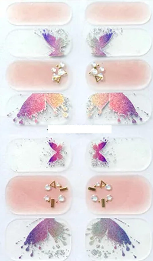 Ombre Metallic Butterfly Nail Wraps with Rhinestones, Stars, and Glitter in Purple and Pink - Perfect for Stunning Nail Art Designs!