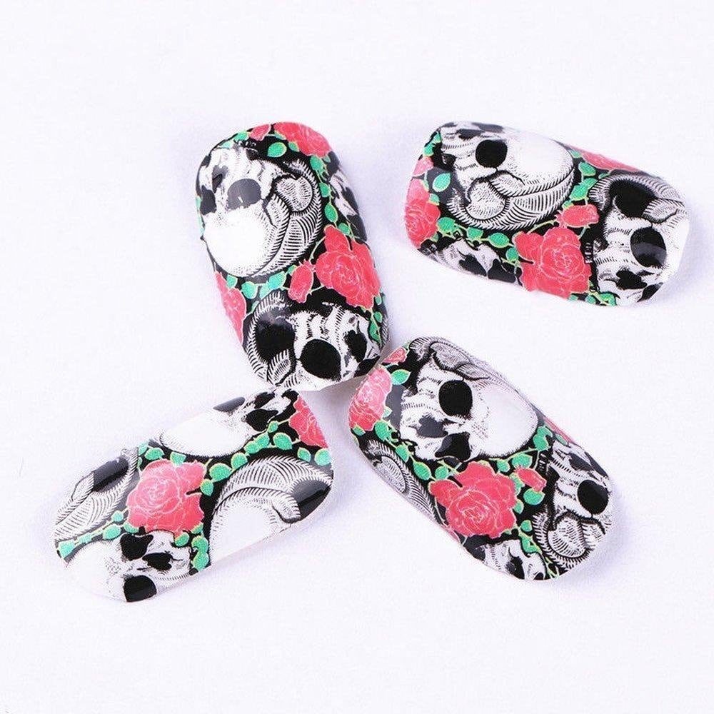 Full set of 12 punk gothic rockabilly skull and roses nail wrap decals sticker salon quality nail art - great for halloween! 1 sheet