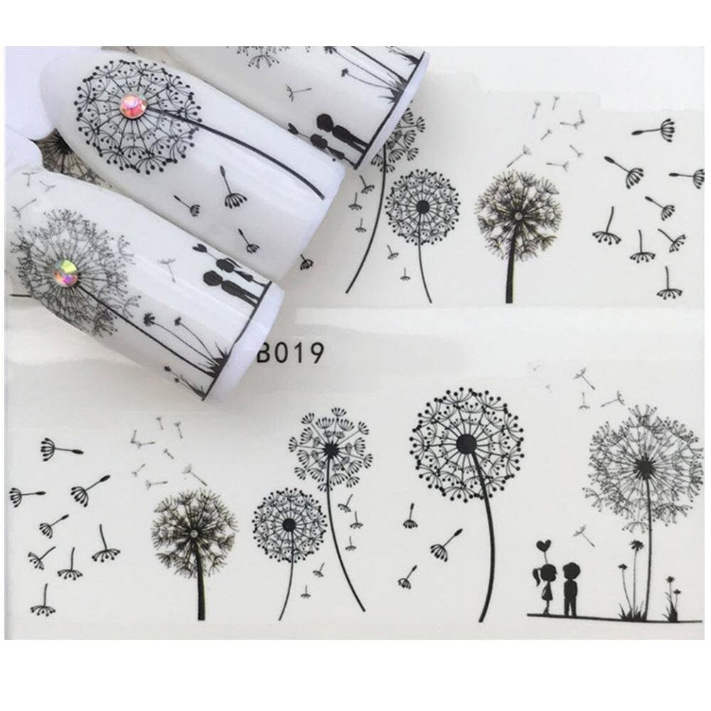 Full sheet black dandelion flower lovers nail stickers - salon quality nail art nail wrap nail decals - 1 sheet