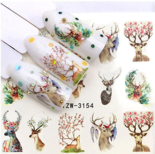 Sheet of nature deer and antlers with flowers nail art - nail decals
