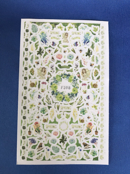 Think spring nail art stickers showing fairys birds snail flowers greens