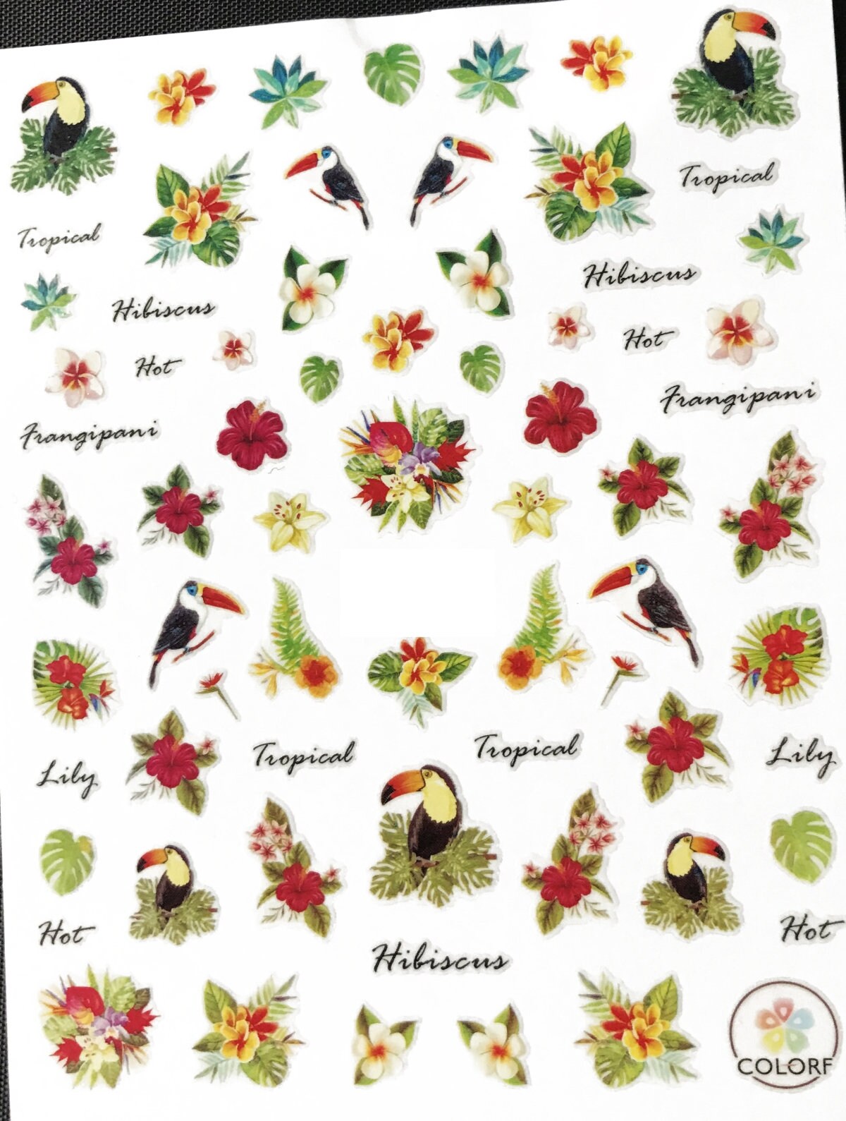 Tropical Getaway inspired finger nail stickers, Has tucans, lilys hibiscus plants and flowers, floral