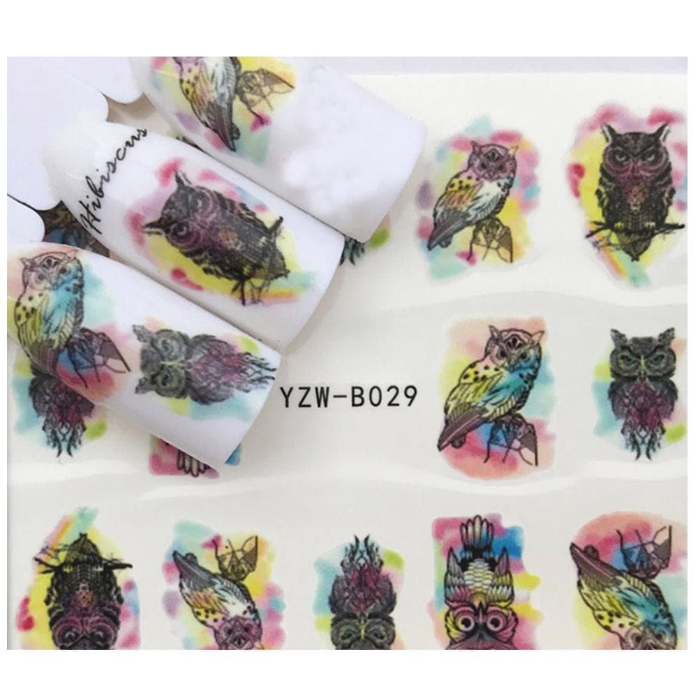 Full set black owl watercolor nail sticker salon quality nail art nail wrap nail decals - 1 sheet