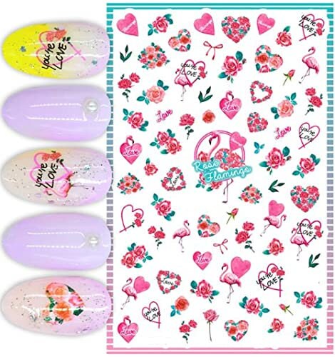 Tropical Flamingo Rose Heart Nail Art Stickers – Pink Floral Summer Love Decals for Feminine Manicure Designs - Hot Pink - Hearts - Roses