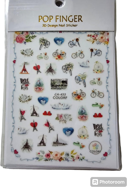 Love in Paris Nail Art Stickers – Red & Pink Hearts, Swan, Eiffel Tower, Bicycle Flowers Decals – Perfect for Valentine’s Day Manicures
