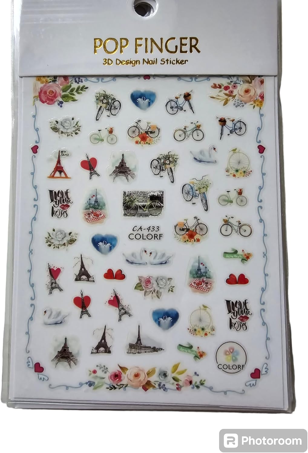 Love in Paris Nail Art Stickers – Red & Pink Hearts, Swan, Eiffel Tower, Bicycle Flowers Decals – Perfect for Valentine’s Day Manicures