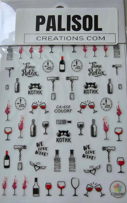 Elegant Wine-Themed Nail Stickers – Classy Pink, Black & Gold Designs Bottles, Glasses Hearts | Autocollants d’Ongles Vin Rouge Chic