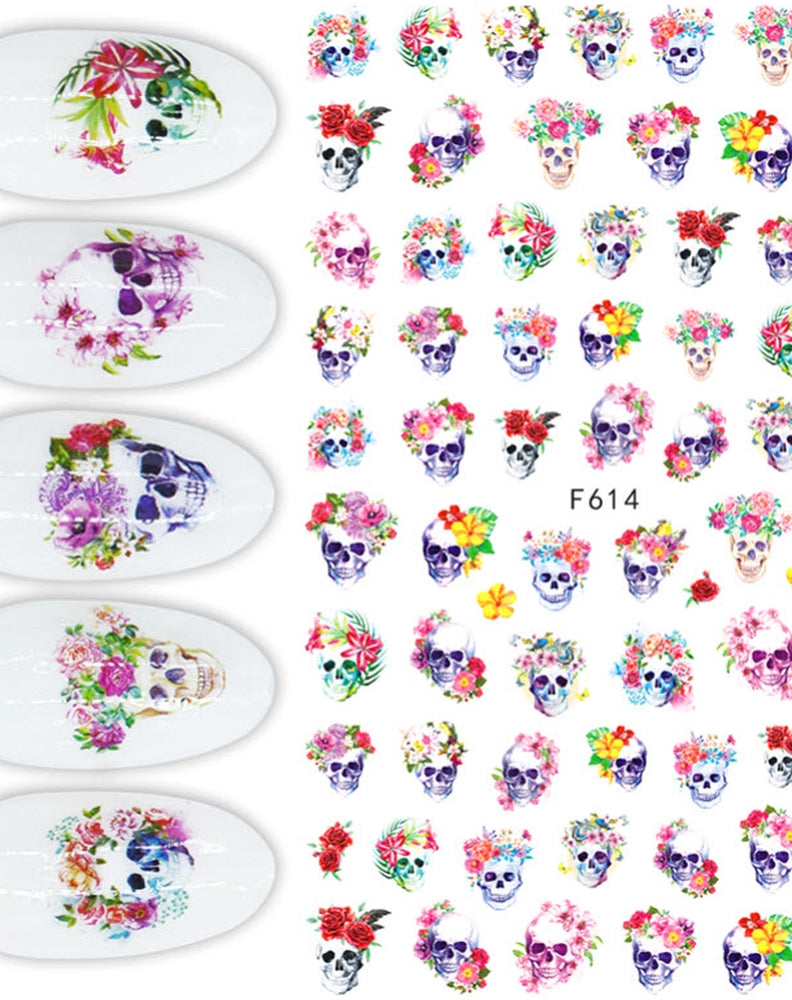 Over 50 Skull & Floral Halloween Nail Stickers – Day of the Dead Gothic Punk Rockabilly Nail Art Decals Great for Halloween!