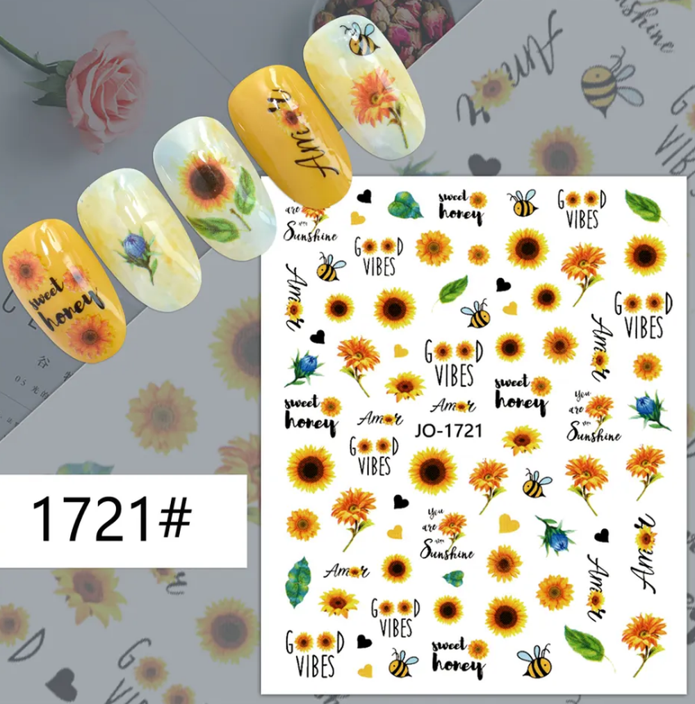 Nothing says Summer more than a Sunflower! Nail Art Stickers – Yellow Flowers, Bees & Good Vibes Summer Decals for Manicure Designs yellow