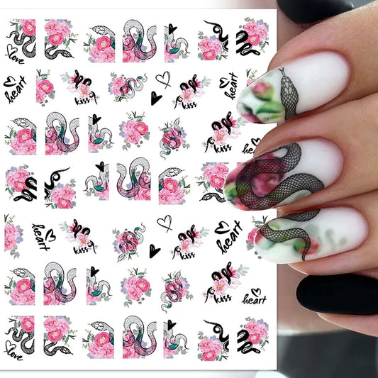 Pink Rose Hearts & Snakes and Floral Nail Stickers for Fingernail Art - Snakes Coil Snake Flowers Gothic Goth Inspired
