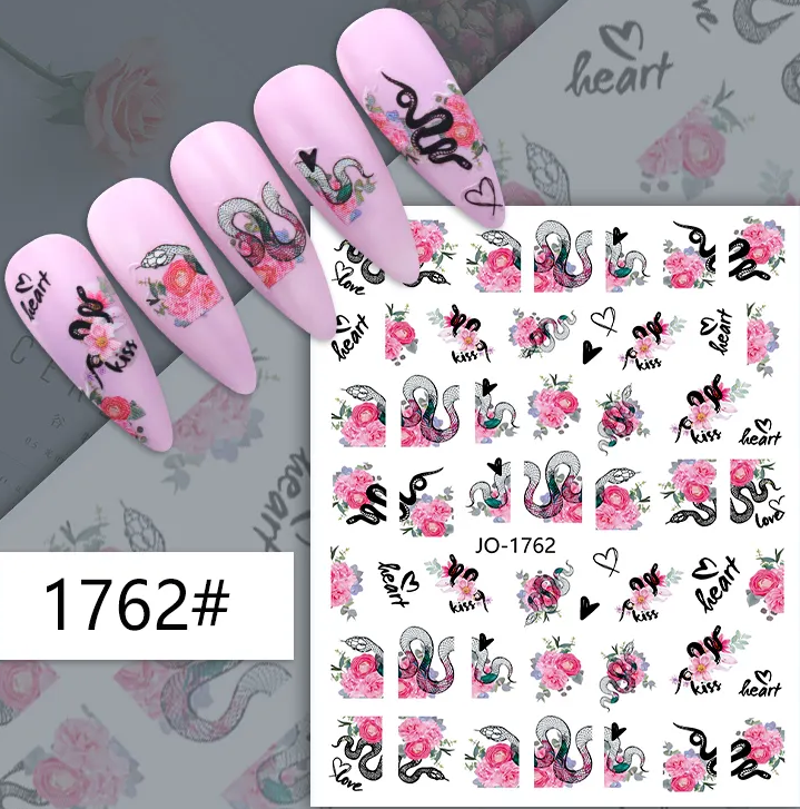 Pink Rose Hearts & Snakes and Floral Nail Stickers for Fingernail Art - Snakes Coil Snake Flowers Gothic Goth Inspired
