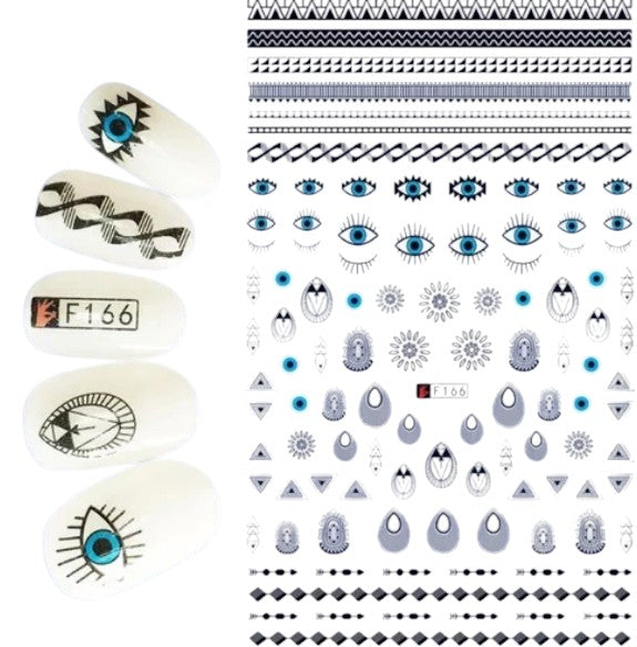 Evil Eye Nail Art Stickers – Blue Eye Protection Symbols, Geometric Lines & Boho Minimalist Decals for Manicure Designs - Hamsa style
