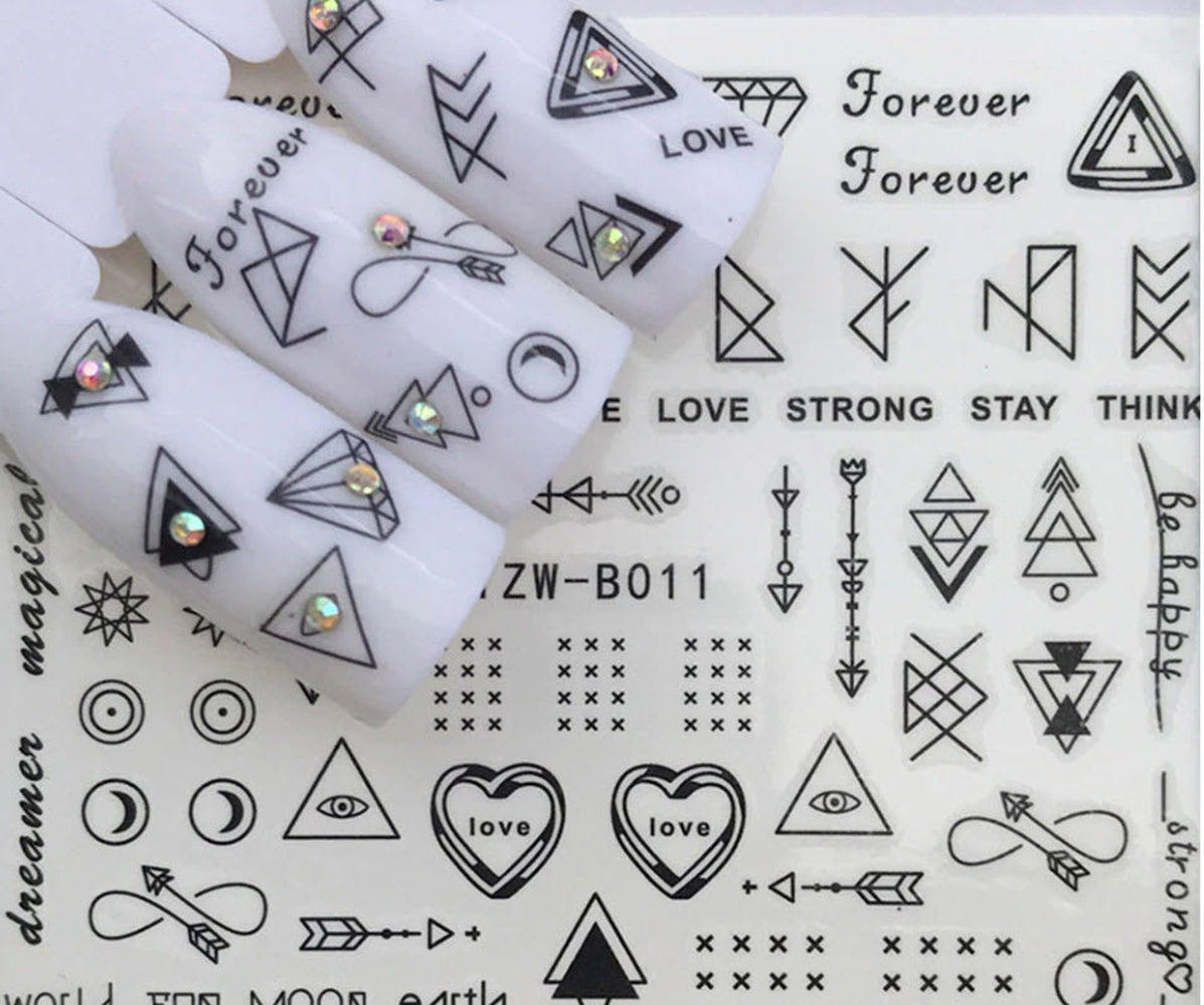 Minimalist Geometric Nail Decals Boho Tribal Symbol Nail Art Black Line Water Transfer Nail Stickers Arrow Moon Triangle DIY Craft