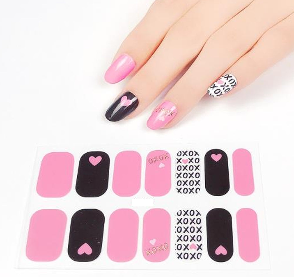 Valentine Heart Nail Wraps Pink Black Love Nail Strips XO Kiss Nail Stickers Romantic Nail Art Wraps Cute Valentine Nails XoXo I Love You