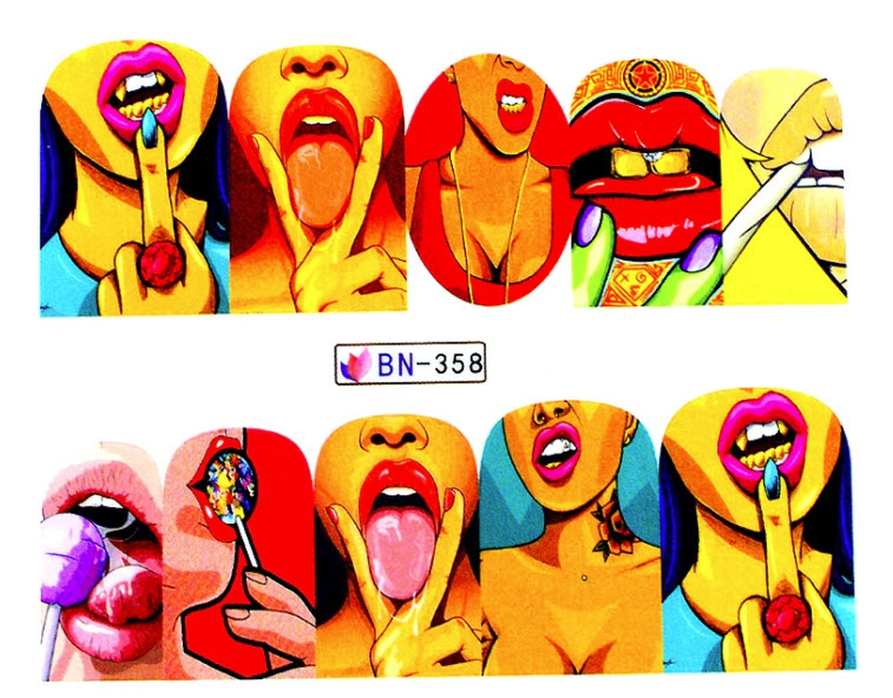 Pop Art Lips Water Transfer Nail Decals Sexy Pop Art Nail Art Stickers Comic Style Lips Tongue Nail Decals Colorful Graphic Nails