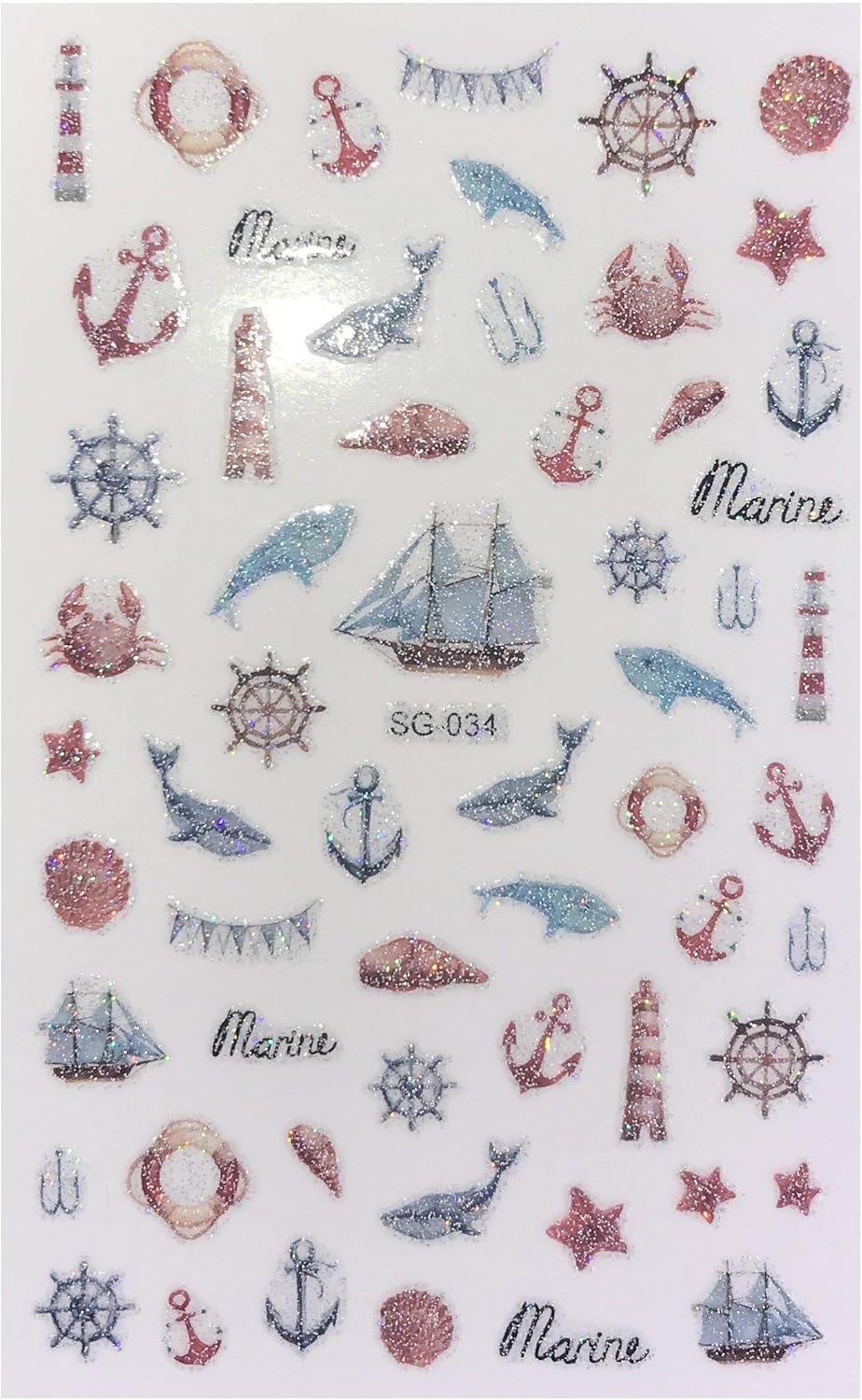 Nautical Nail Art Stickers – Glitter Marine Ocean Decals Anchor Lighthouse Whale Crab Starfish Summer Beach Nails Design - Anchors Sea Life