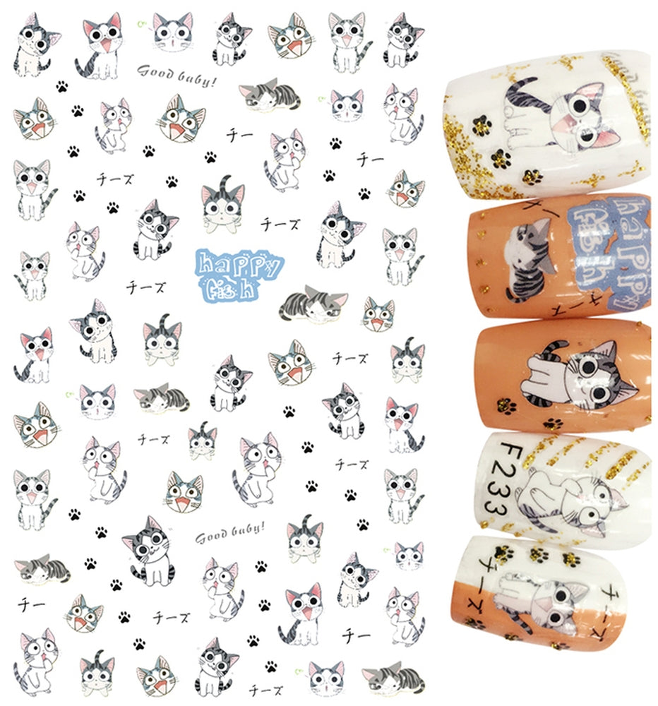 Cat Nail Art Stickers β Cute Kitty Paw Print Decals Black White Grey Kawaii Animal Nails Cat Lover Manicure Designs Cute Pet Nails