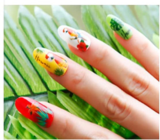 Paradise on Your Fingertips: Tropical Inspired Nail Art Stickers with Hibiscus, Palm Leaves, and Parrots - Vibrant Designs!