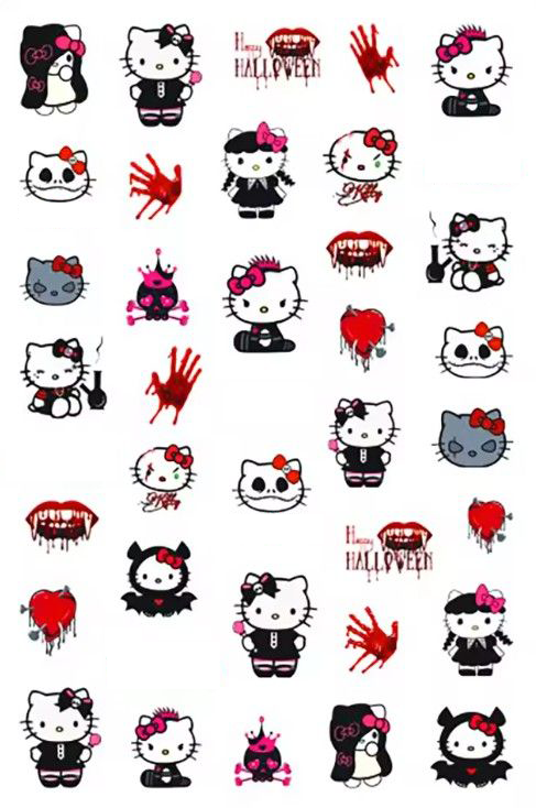 Hello Happy Halloween Kitty Nail Art Stickers β Spooky-Cute Vampire Skull & Bloody Designs Nail Decals for Nails | Red Bow Kitty Stickers