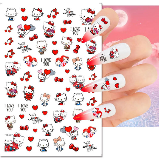 Kitty Nail Stickers – Valentine’s Day Kawaii Cats, Red & Pink Bows, Music Notes Love Balloons – Cute “I Love You” Nail Art Decals