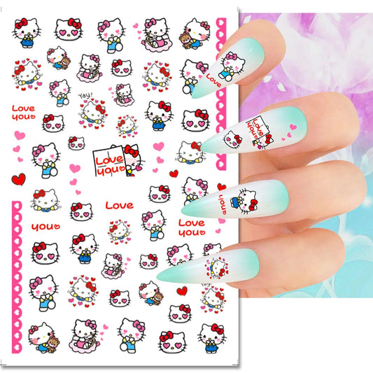 Kitty Nail Stickers – Valentine’s Day Kawaii Love, Red Bows & Pink Hearts – Cute Romantic Nail Art Decals – Sweet Valentine Nails