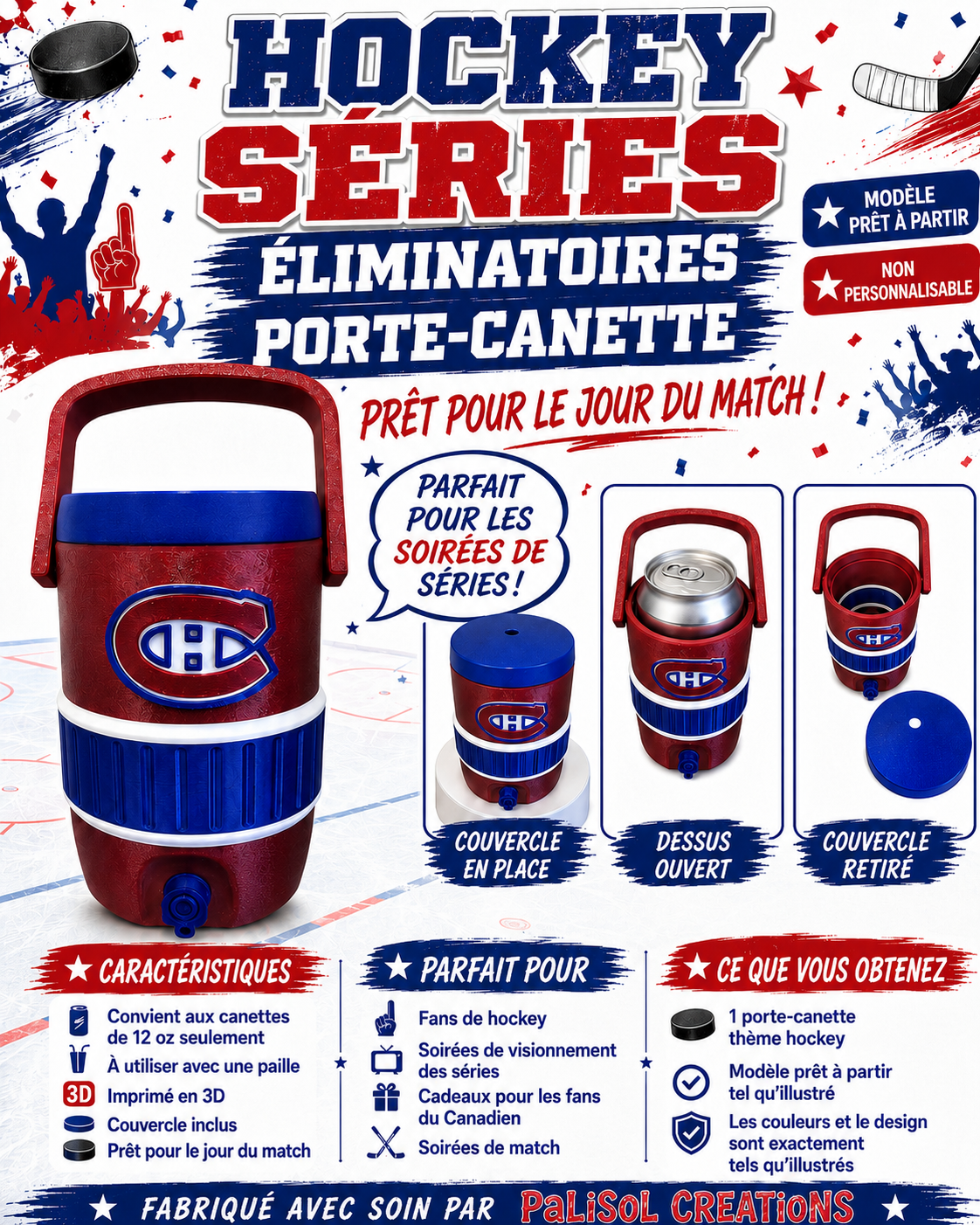 Hockey Playoff Can Koozie – Red, Blue & White 3D Printed Can Holder with Lid | Porte-canette hockey séries éliminatoires