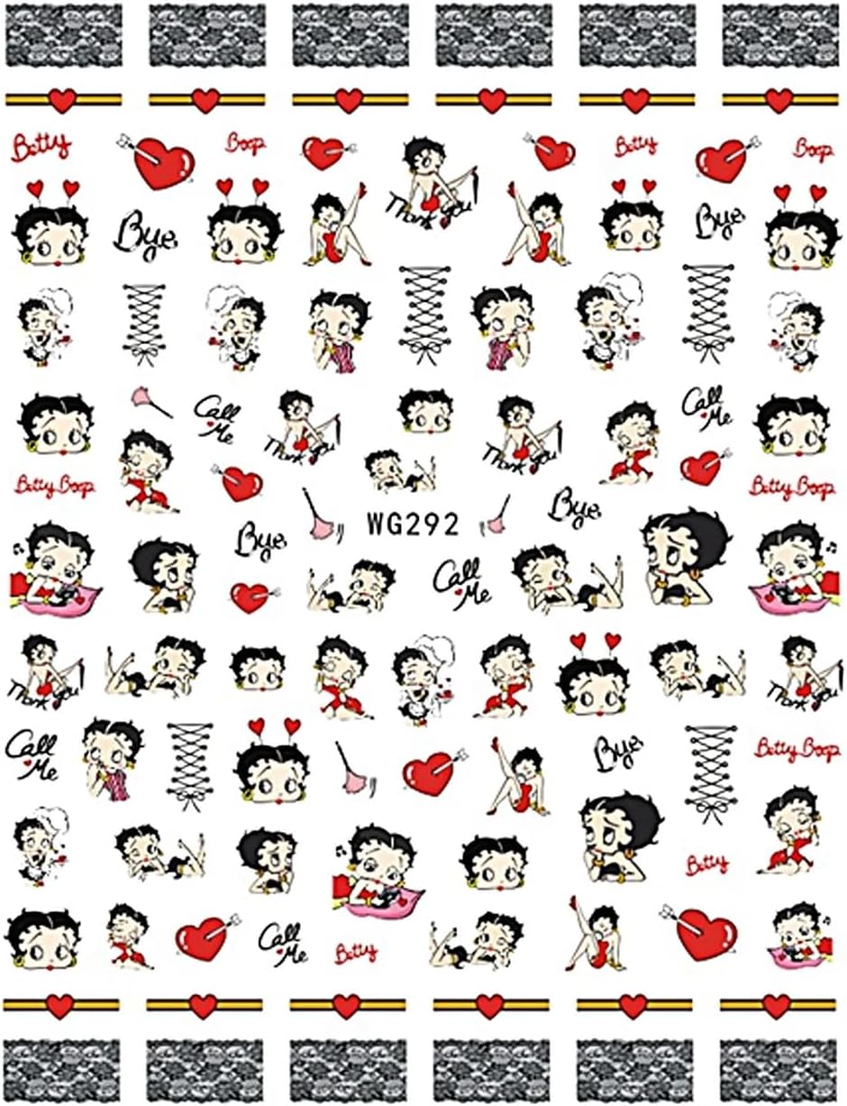 Betty Nail Stickers - Retro Pin Up Cartoon Nail Stickers, Red Black White Heart Nail Decals, Corset Lady DIY Manicure Art, Call Me Boop
