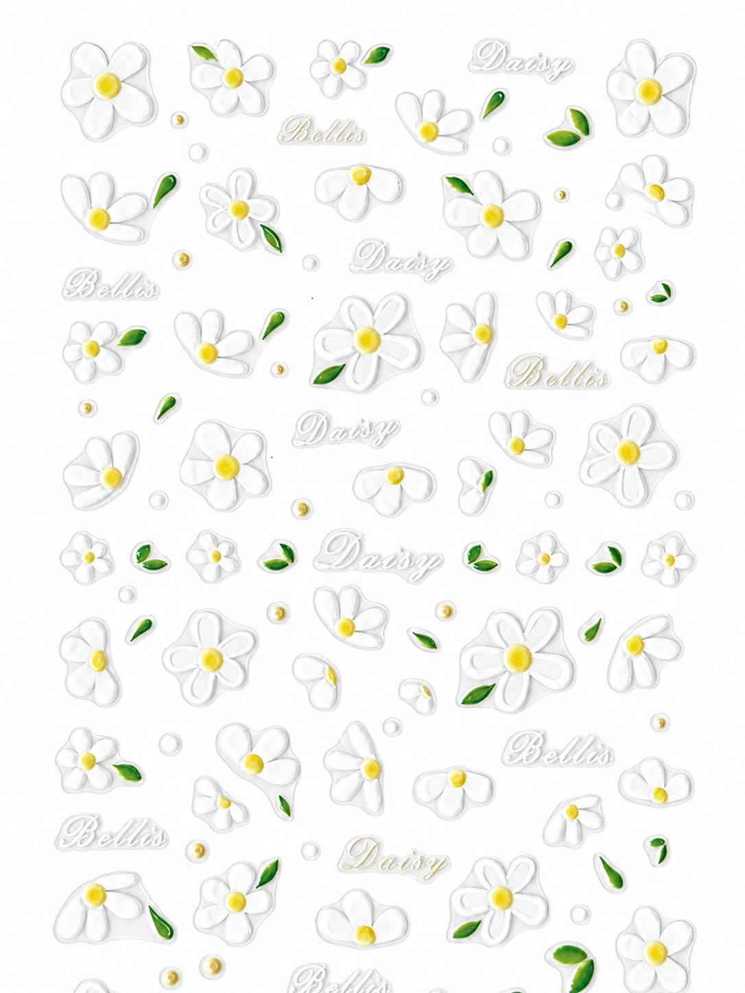 3D Daisy Flower Nail Art Stickers, White Floral Nail Decals with Green Leaves, Self-Adhesive Spring Summer Manicure | Calcomanías 3D para Uñas con Margaritas