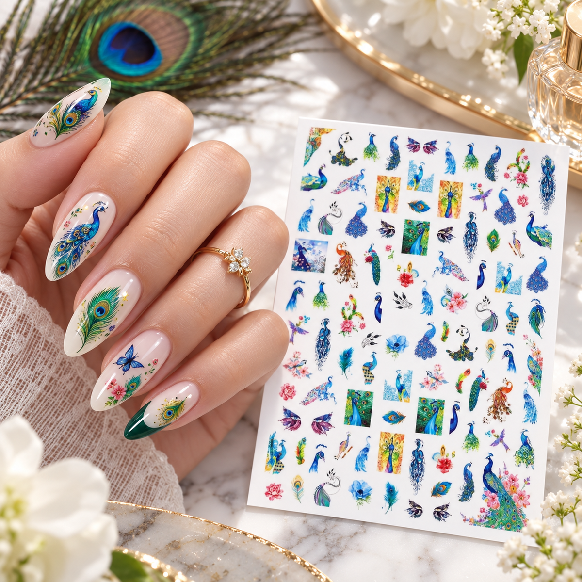 Peacock Nail Art Stickers, Feather Floral Butterfly Bird Self-Adhesive Nail Decals for Acrylic Gel Natural Nails, Elegant Colorful Manicure