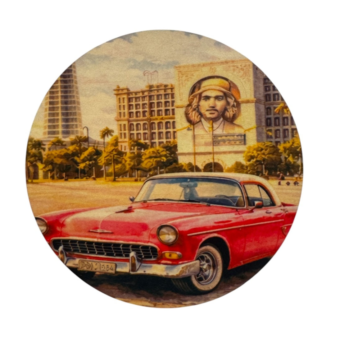LaCubaQuoise - Sous-verres en bois Québec × Cuba – Ensemble de 4 | Voitures cubaines classiques & « Le Québec soutient le peuple cubain »