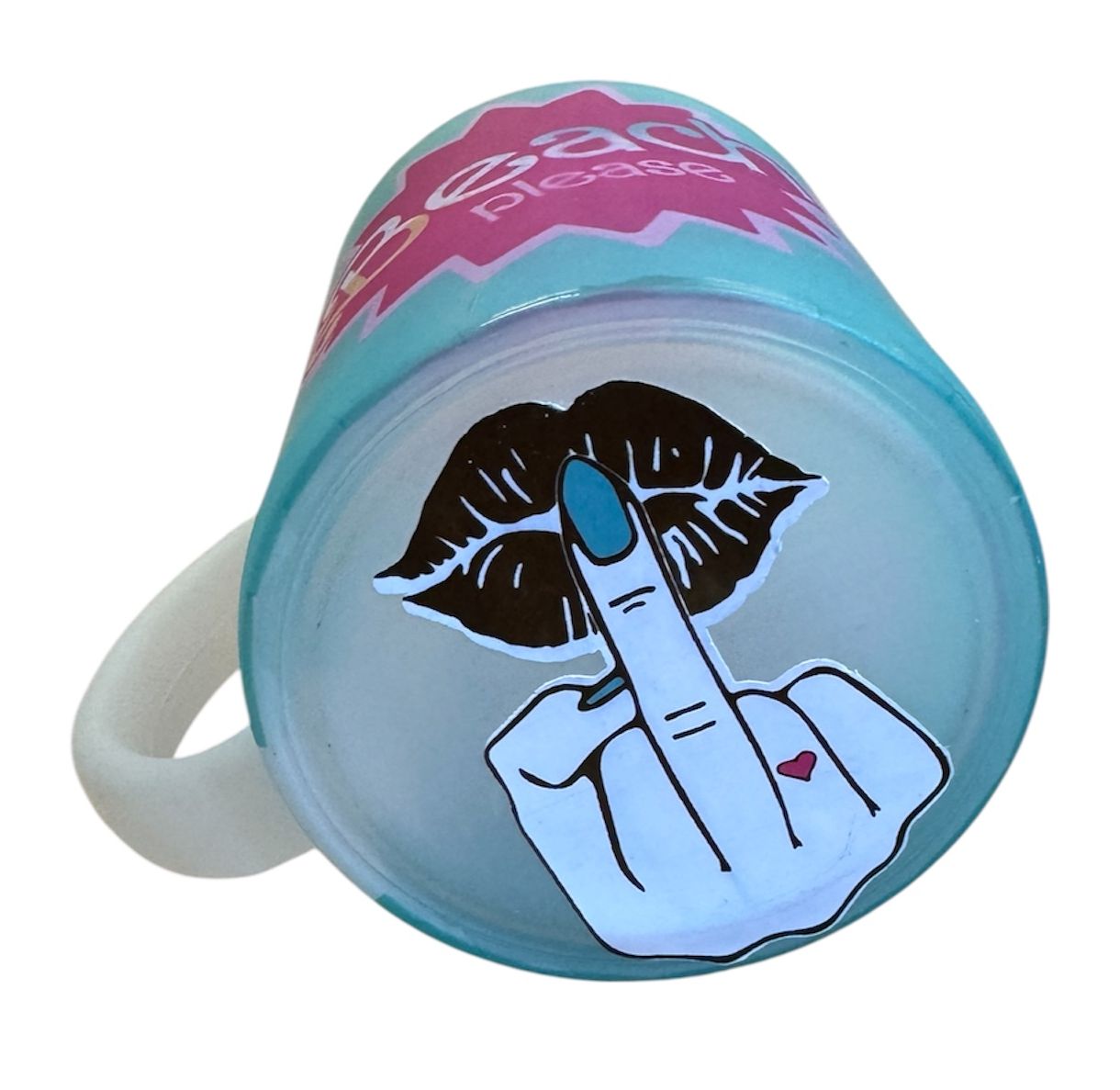 Beach Please Novelty Mug – Turquoise with Have a Nice Day Message Sassy Middle Finger Kiss – Funny Coffee Cup Matching Wooden Coaster
