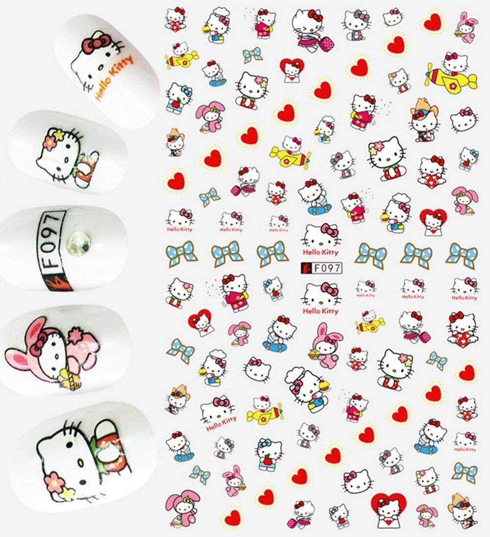 Kitty Nail Stickers - Geek, Love, Heart, Bows, Planes over 50 Stickers Kawaii Hello ink Red Blue
