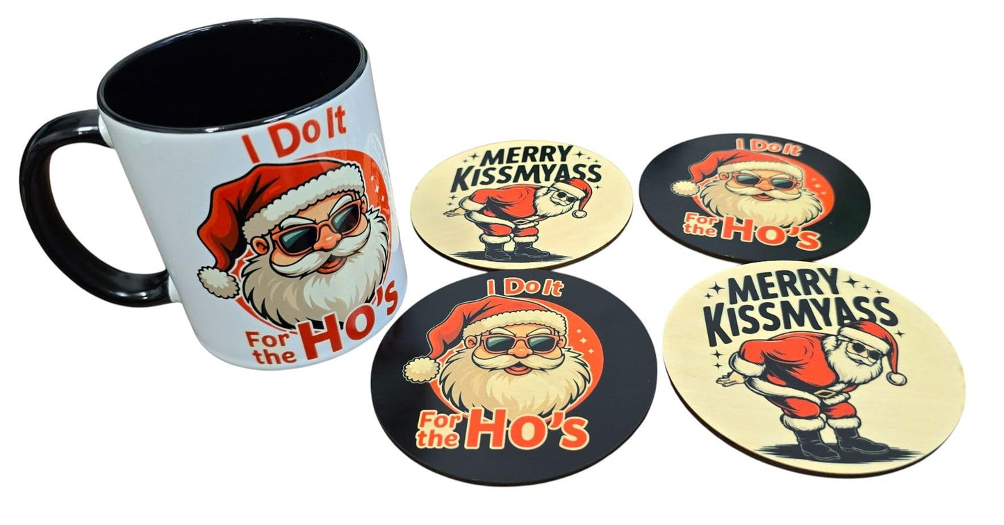 Christmas Mug & Coaster Set – 12 oz “Merry Kiss My Ass/I Do It for The Ho’s” Design – Handmade Holiday Gag Gift/Ensemble Tasse et Sous-verre humoristique de Noël 12 oz – Cadeau drôle fait Main