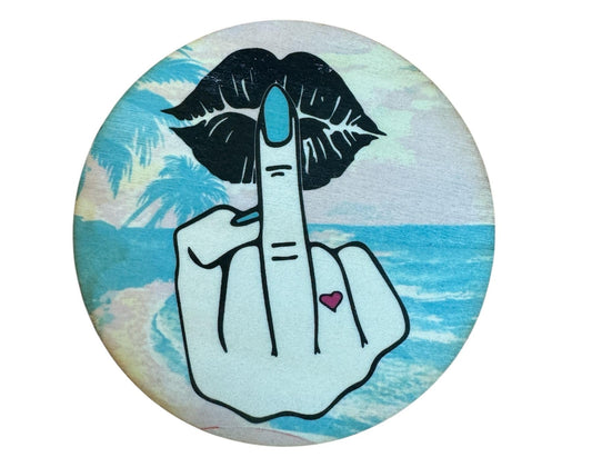 4-Pack Handmade “Beach Please” Double-Sided Wooden Coasters – Round 10cm – Kissy Middle Finger & Tropical Print – Sassy Gift Idea – PaLiSoL CREATiONS Exclusive
