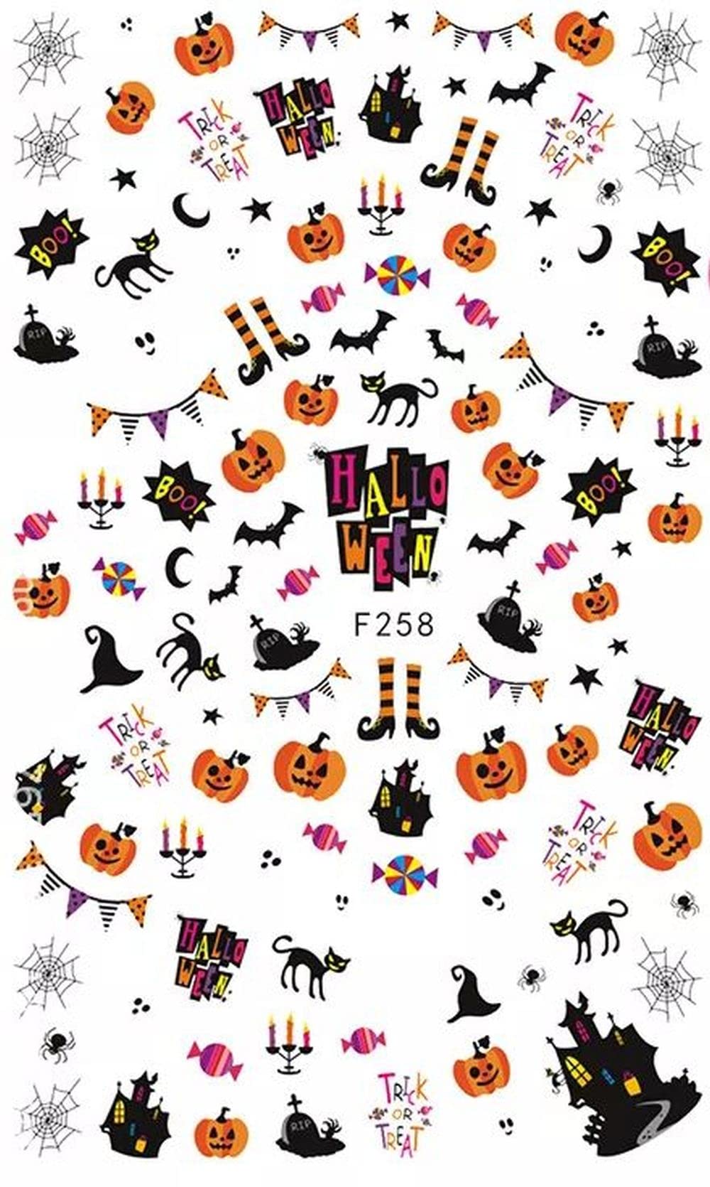 Witch Candy Ghost Halloween Finger nail Stickers Trick or treat Halloween jack o lanterns, bats, moons, crosses black white orange