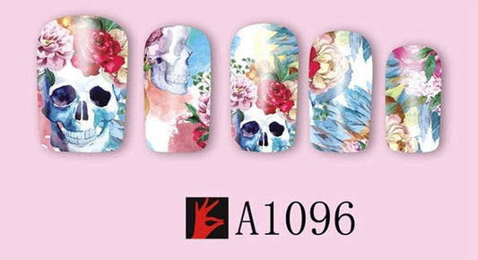 Sheet of Skull Stickers with Flowers Watercolor Phychedelic Effects Nail Decal Punk Gothic Rockabilly Skull Nail Wrap Decals Sticker Salon Quality Nail Art - Great for Halloween!